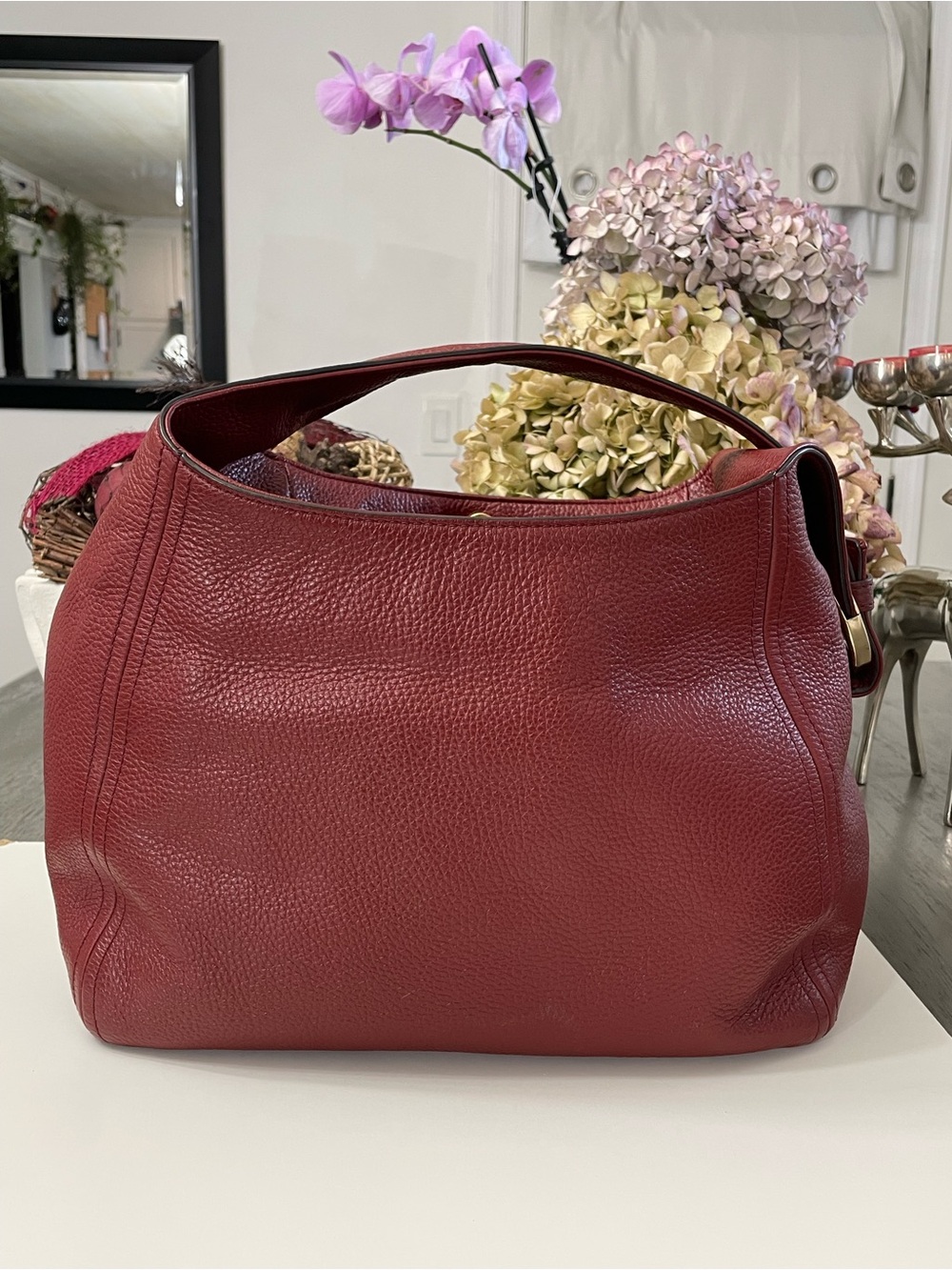 Michael Kors Large Pebbled Leather Hobo Shoulder Bag Burgundy Wine Gold Tone - Picture 2 of 13